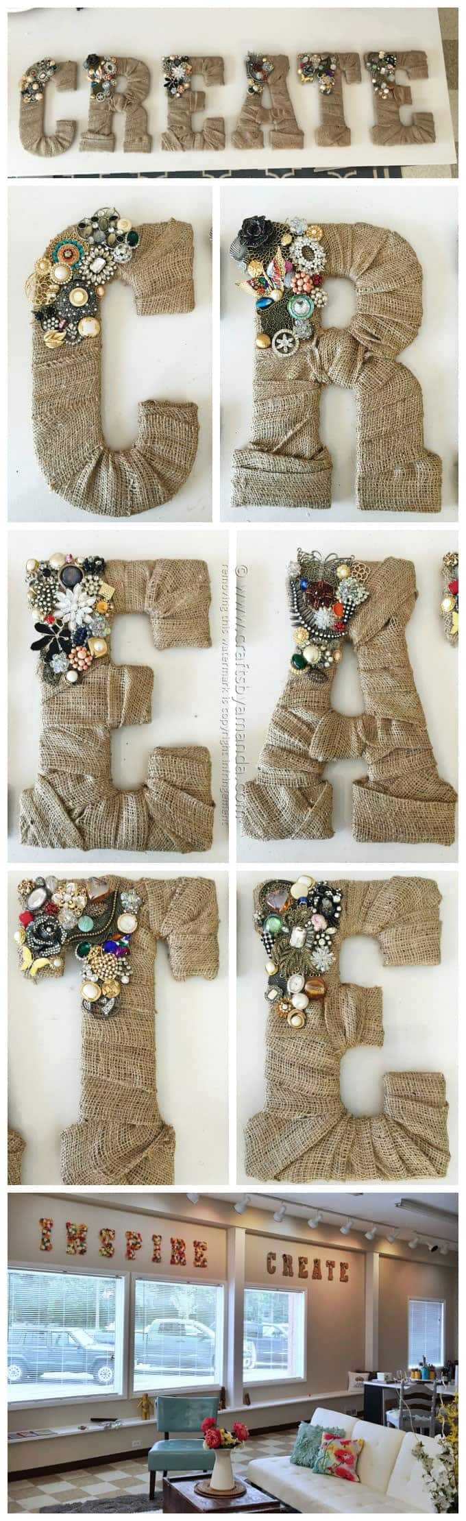 50 Crafts To Make and Sell - Easy DIY Ideas for Cheap Things To Sell on Etsy, Online and for Craft Fairs. Make Money with These Homemade Crafts for Teens, Kids, Christmas, Summer, Mother’s Day Gifts. | Vintage Jewel Burlap Wall Letters #crafts #diy